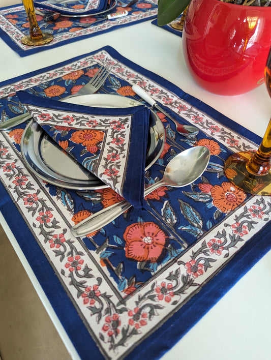6-piece handblock printed placemat and napkin set Blue Orange Blossom in indian cotton