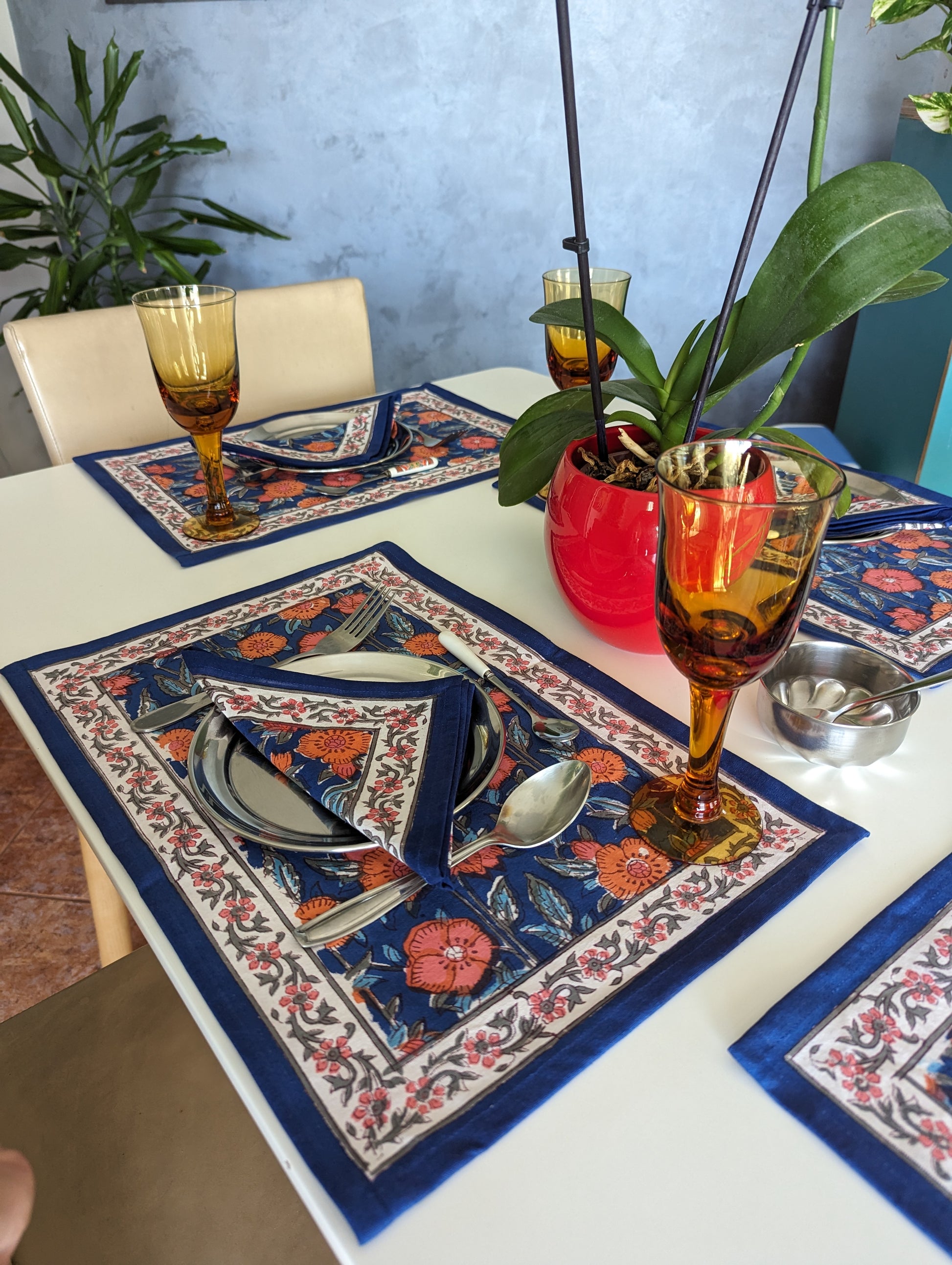6-piece handblock printed placemat and napkin set Blue Orange Blossom in indian cotton