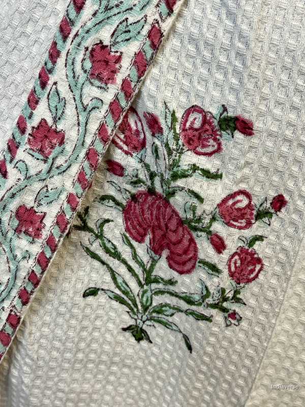 Waffle cotton bathrobe hand block printed design with pink colored flowers in free size