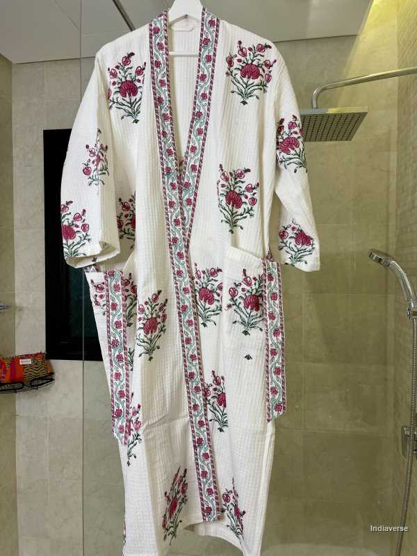 Waffle cotton bathrobe hand block printed design with pink colored flowers in free size
