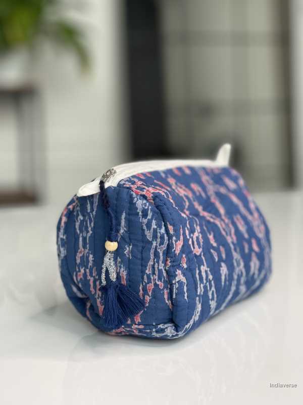 Dark blue hand block printed small size toiletry bag for all your travel essentials, leak-proof and washable, perfect to gift | Batik Blue