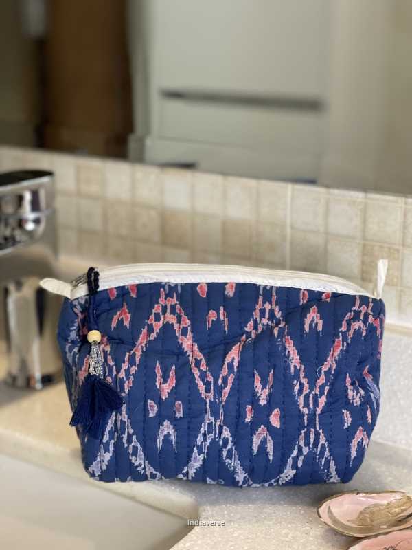 Dark blue hand block printed small size toiletry bag for all your travel essentials, leak-proof and washable, perfect to gift | Batik Blue