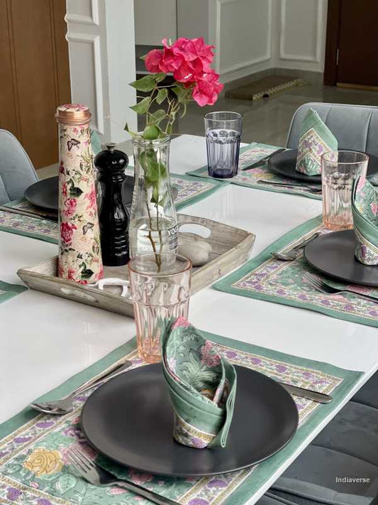 placemat napkin set for 6 people dining table with hand block printed green purple floral design