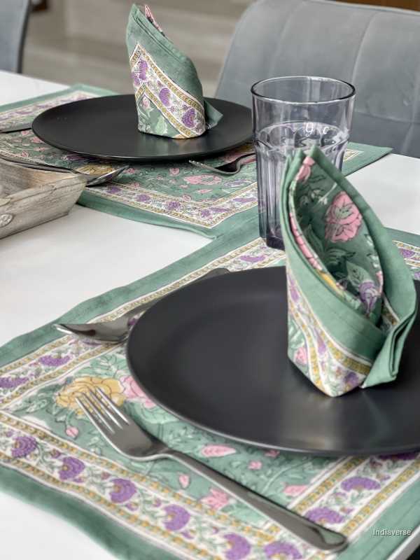placemat napkin set for 6 people dining table with hand block printed green purple floral design