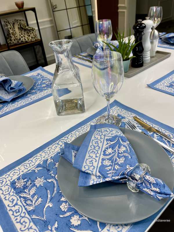 Blue white placemat napkin set for 6 people dining table with hand block printed blue floral design