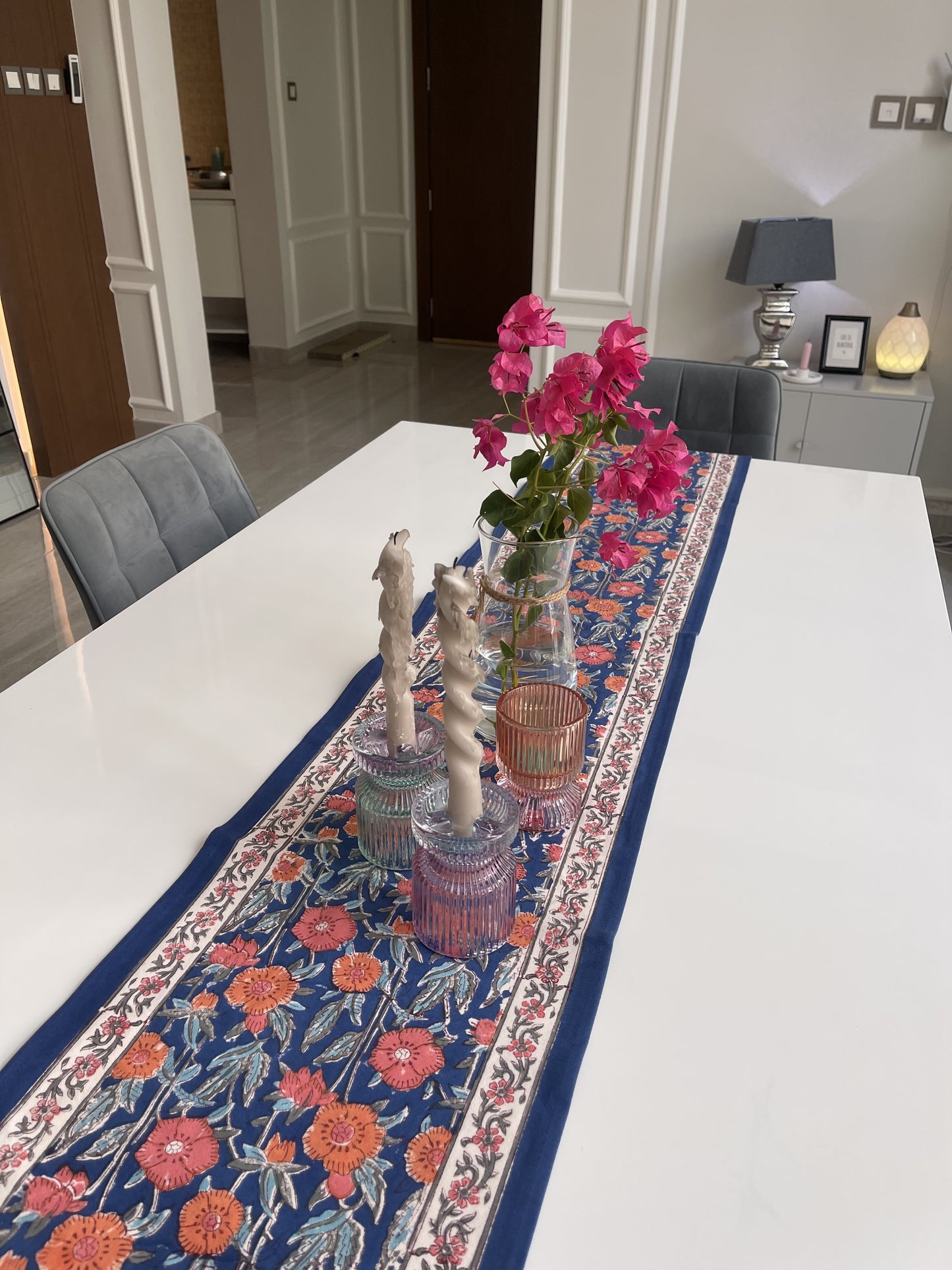 Blue coral hand block printed table runner Orange Flowers in cotton canvas