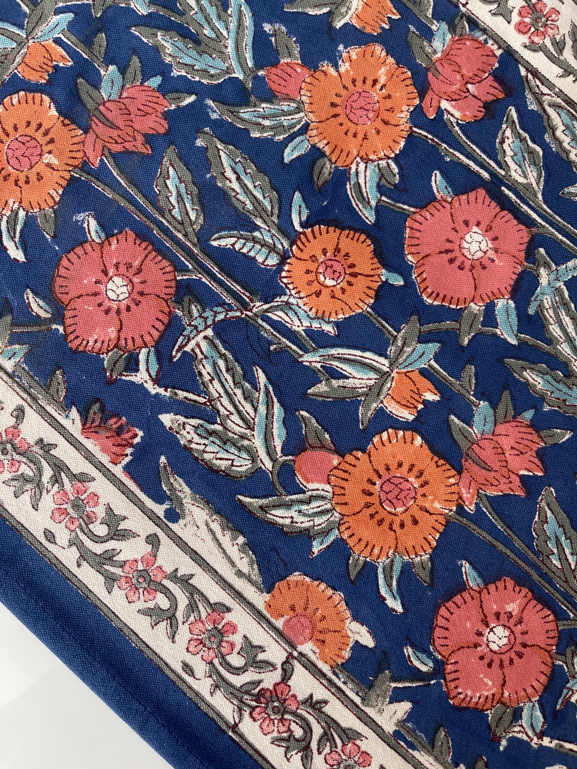 Blue coral hand block printed table runner Orange Flowers in cotton canvas