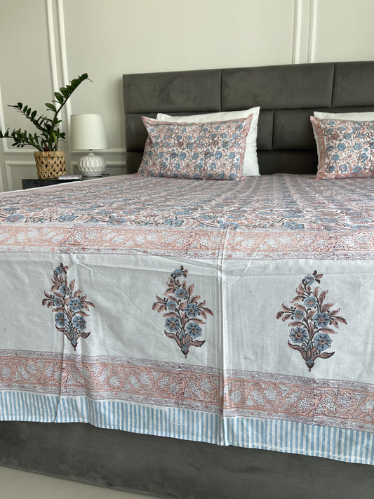 Blue coral Sheet Set Cornflower handblock printed and crafted includes flat sheet with 2 matching pillowcases in pure cotton