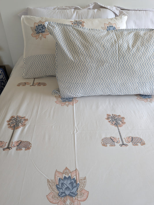 Blue coral white Percale Sheet Set Lotus Elephant handblock printed and crafted includes flat sheet with 2 matching pillowcases in pure cotton
