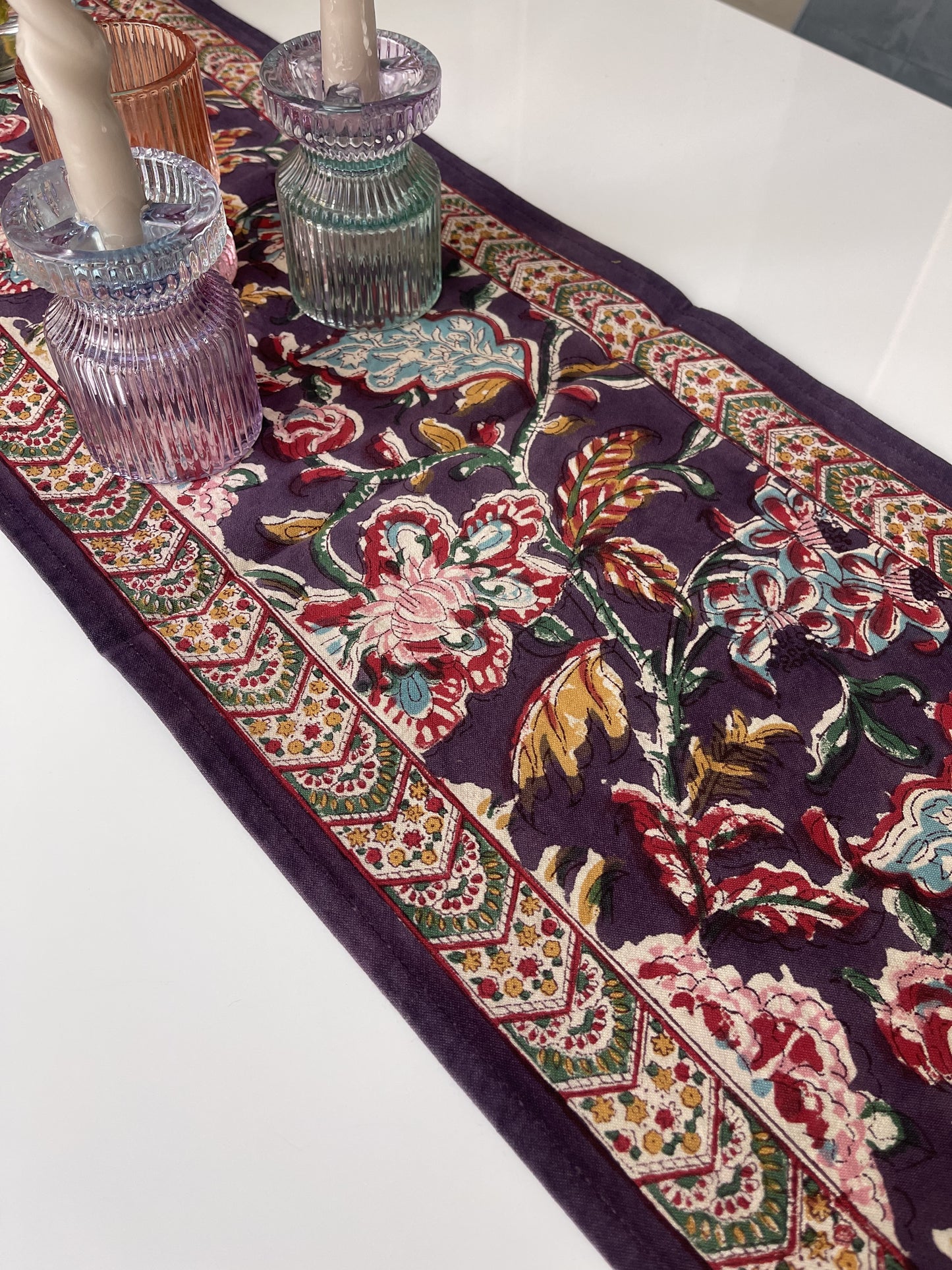 Hand block printed table runner Dark Purple in cotton canvas