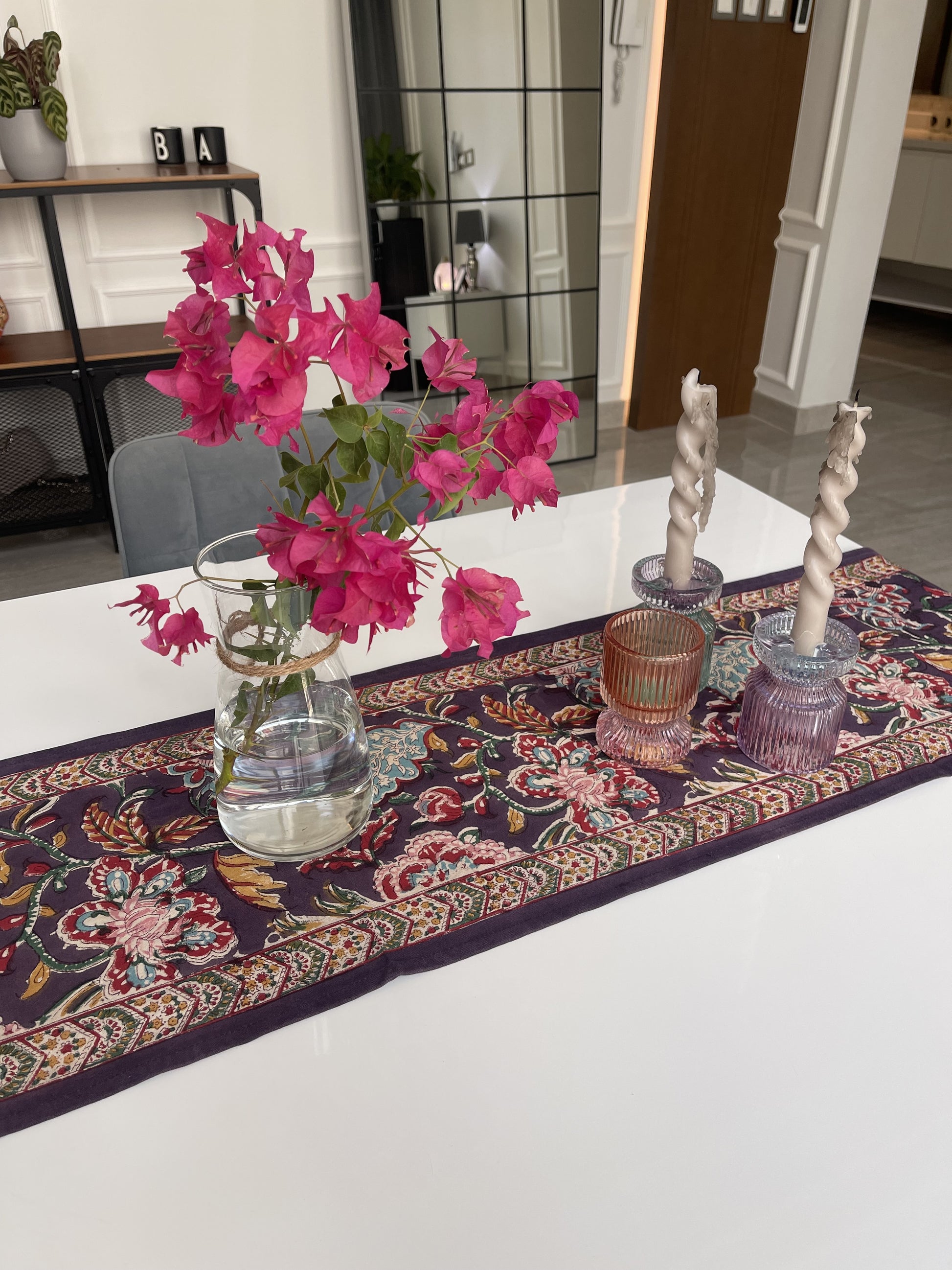 Hand block printed table runner Dark Purple in cotton canvas