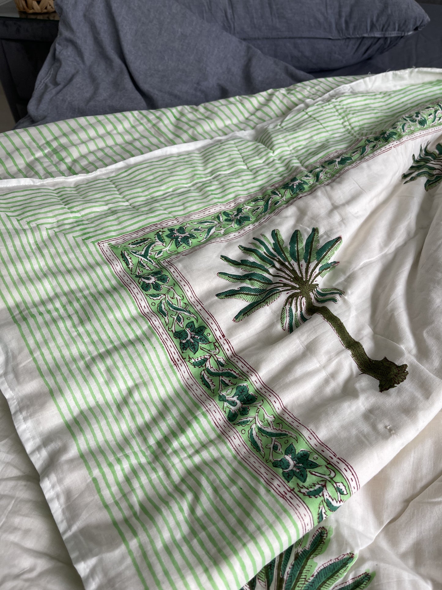 Handmade Jaipuri Double Quilt Blanket with Palm Tree handblock printed in green pure cotton