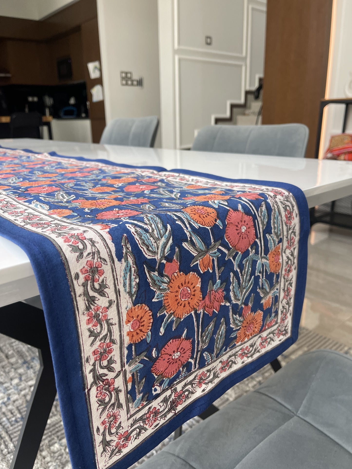 Blue coral hand block printed table runner Orange Flowers in cotton canvas