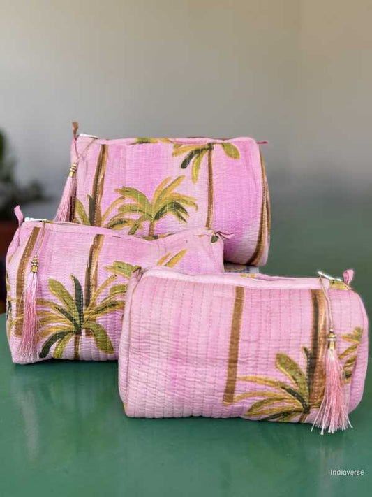 Toiletry Pouch Set with Palm design and pink color for toiletries and cosmetics in three sizes small, medium and large | Pink Palm