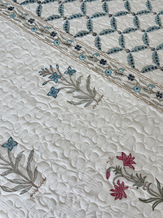 Premium Jaipuri Comforter Blue Elegance with pink flowers handblock printed coming with 2 matching pillow cases