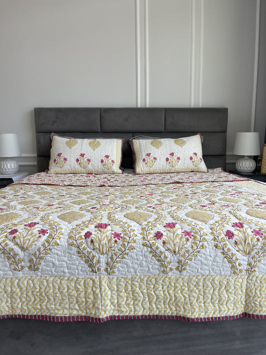 Premium Jaipuri Comforter Golden Devi in yellow pink handblock printed coming with 2 matching pillow cases