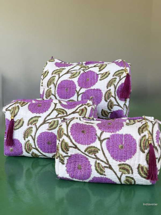Toiletry Pouch Set with purple poppy design in three different sizes for toiletries and cosmetics | Purple Poppy