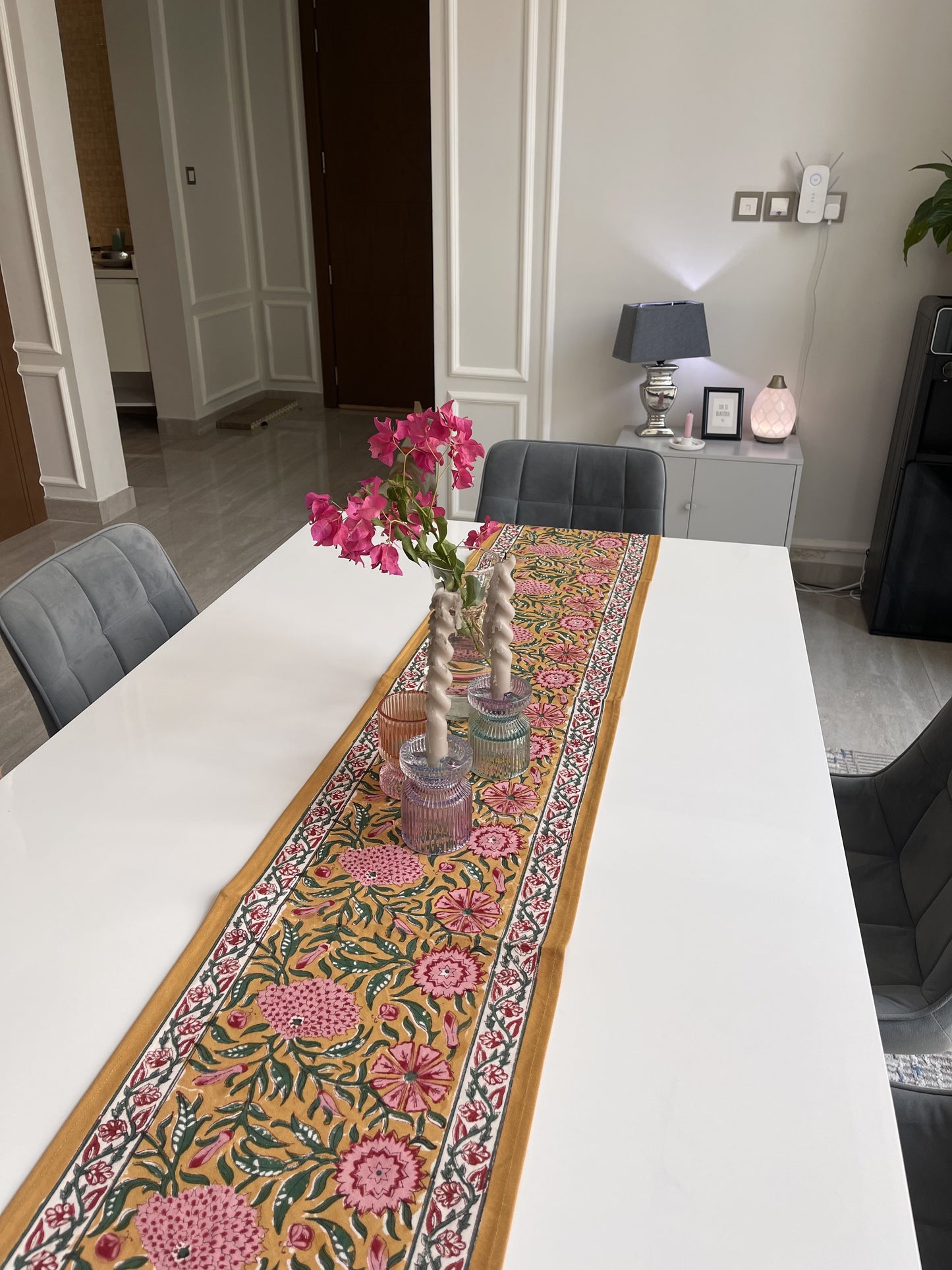 Yellow Pink hand block printed table runner Sand Flowers in cotton canvas