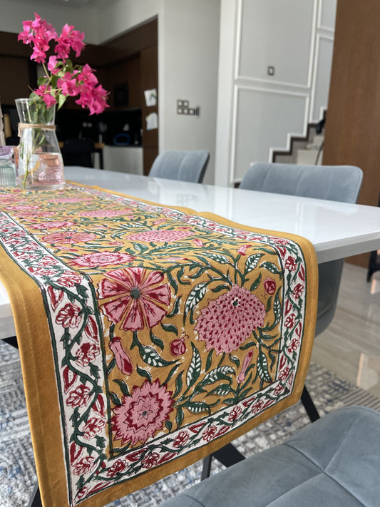Yellow Pink hand block printed table runner Sand Flowers in cotton canvas