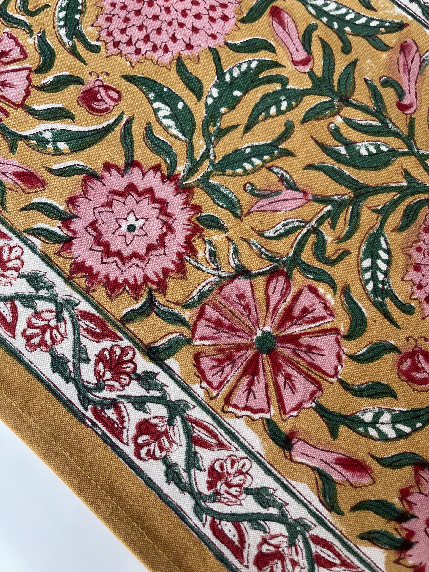 Yellow pink hand block printed table runner Sand Flowers in cotton canvas