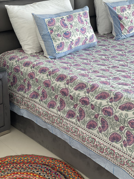 Sheet Set Purple Blue Lily handblock printed and crafted includes flat sheet with 2 matching pillowcases in pure cotton