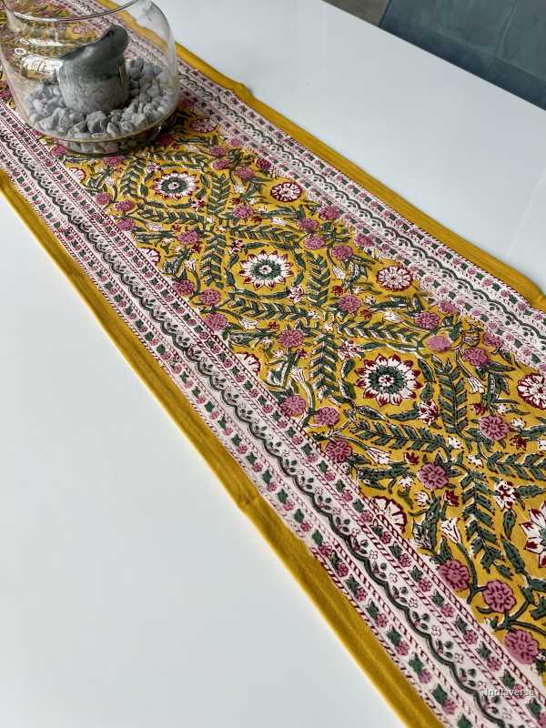 yellow pink hand block printed table runner in cotton canvas