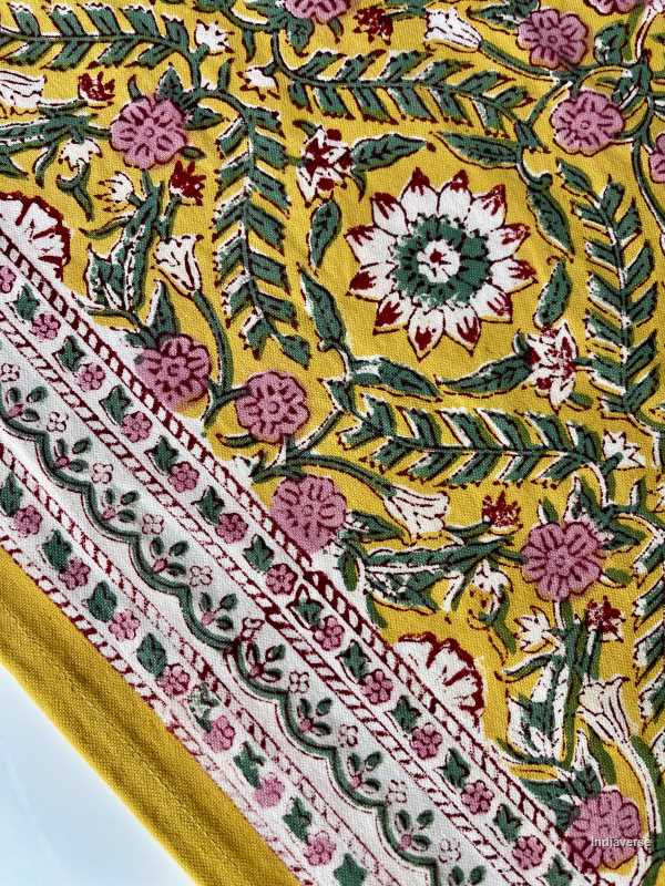 yellow pink hand block printed table runner in cotton canvas