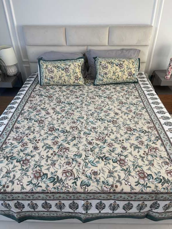 Green Yellow Rajasthani Comforter for queen and king size beds in pure cotton with 2 matching quilted pillow cases
