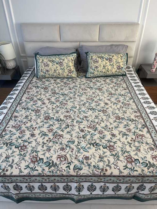 Green Yellow Rajasthani Comforter for queen and king size beds in pure cotton with 2 matching quilted pillow cases