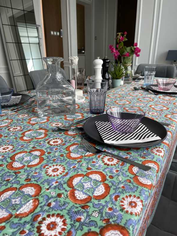 Handblock printed table cloth in pure cotton for 6-seater table in blue mint colorful floral retro design