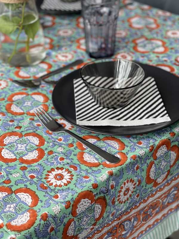 Handblock printed table cloth in pure cotton for 6-seater table in blue mint colorful floral retro design