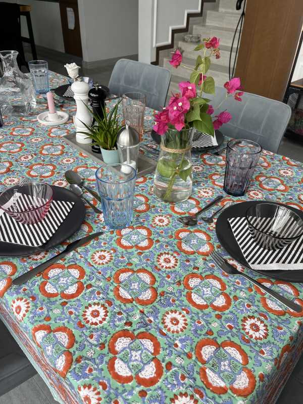 Handblock printed table cloth in pure cotton for 6-seater table in blue mint colorful floral retro design