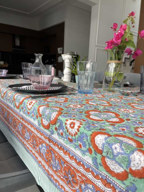 Handblock printed table cloth in pure cotton for 6-seater table in blue mint colorful floral retro design