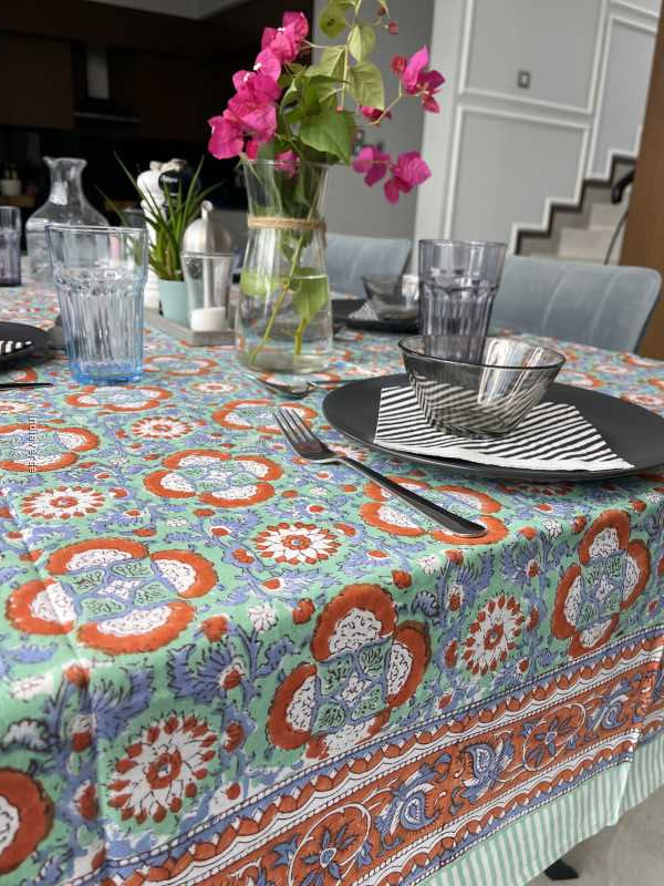 Handblock printed table cloth in pure cotton for 6-seater table in blue mint colorful floral retro design