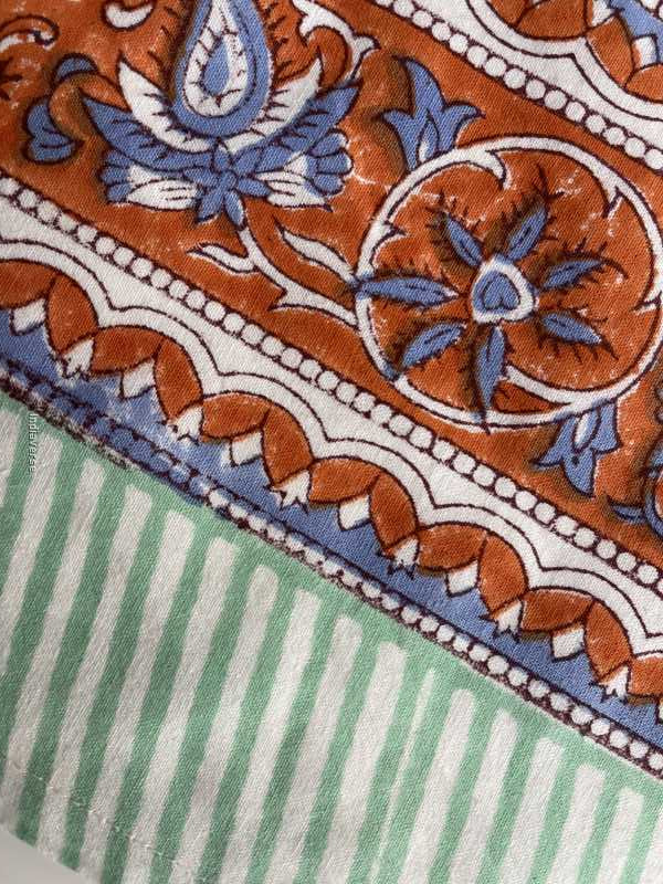 Handblock printed table cloth in pure cotton for 6-seater table in blue mint colorful floral retro design