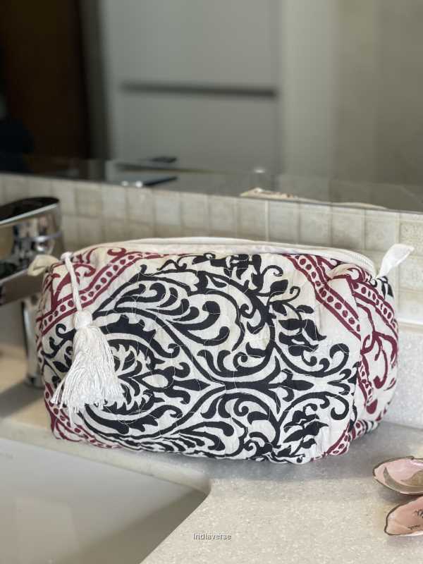 Hand block printed large size toiletry bag in red black creme for all your travel essentials, leak-proof and washable | Trinity
