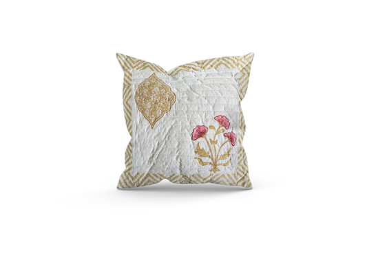 quilted cushion cover with beige flower design made from pure cotton for cushion size 40 x 40 cm