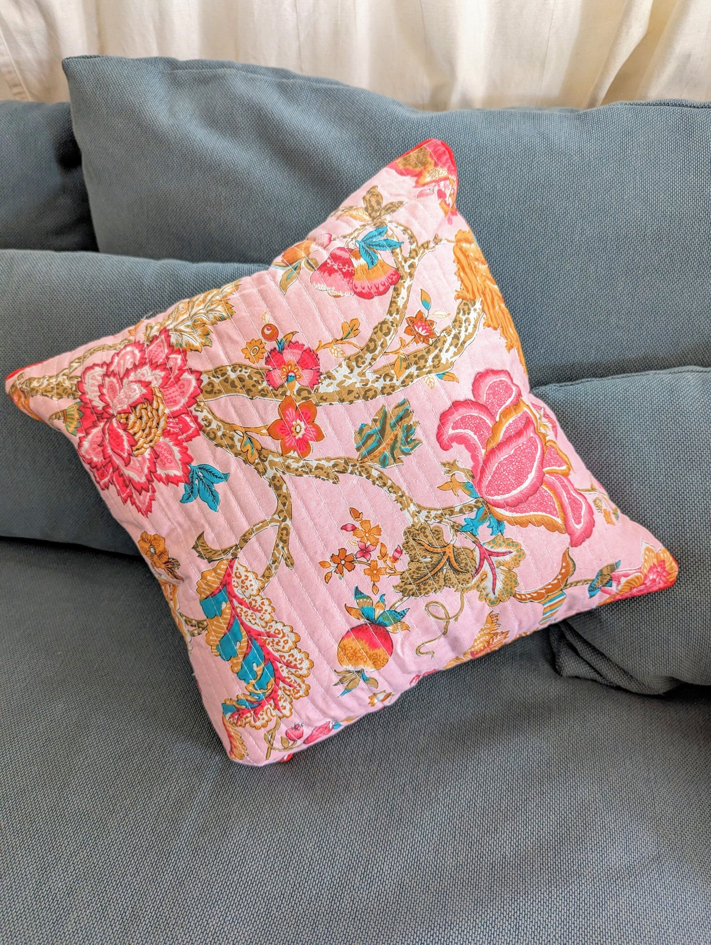 pure cotton quilted cushion cover with pink floral design for cushions with 40 x 40 cm size perfect for the couch and sofa