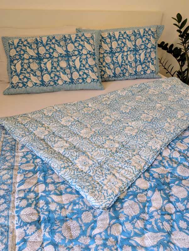 Handmade Double Quilt from Jaipur with bird design in blue color and two matching pillow cases hand block printed pure cotton perfect for queen or king size beds