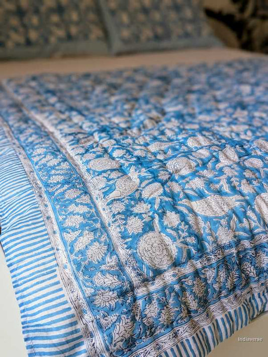 Handmade Double Quilt from Jaipur with bird design in blue color and two matching pillow cases hand block printed pure cotton perfect for queen or king size beds