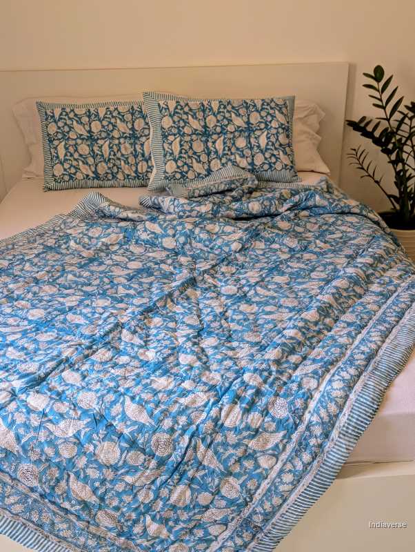 Handmade Double Quilt from Jaipur with bird design in blue color and two matching pillow cases hand block printed pure cotton perfect for queen or king size beds