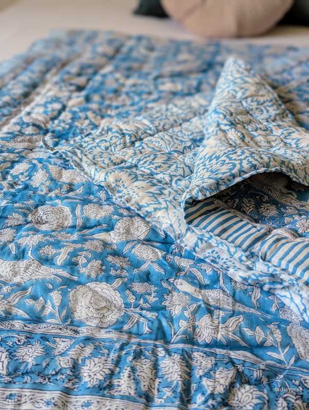 Handmade Double Quilt from Jaipur with bird design in blue color and two matching pillow cases hand block printed pure cotton perfect for queen or king size beds