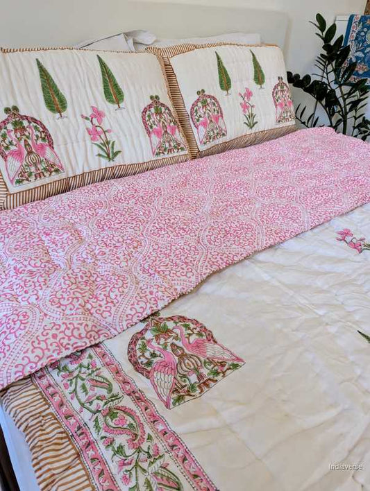 Handmade Double Quilt from Jaipur with peacock and flower design in pink color and two matching pillow cases hand block printed pure cotton perfect for queen or king size beds