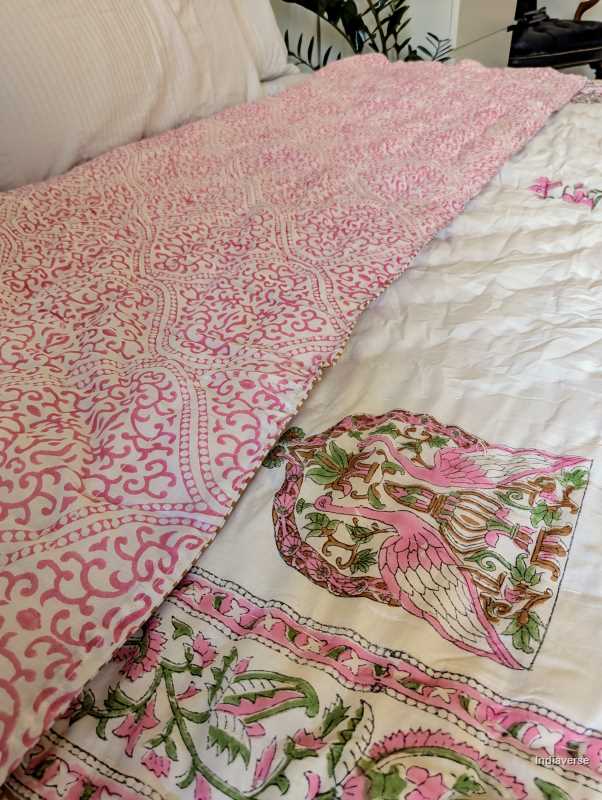 Handmade Double Quilt from Jaipur with peacock and flower design in pink color and two matching pillow cases hand block printed pure cotton perfect for queen or king size beds