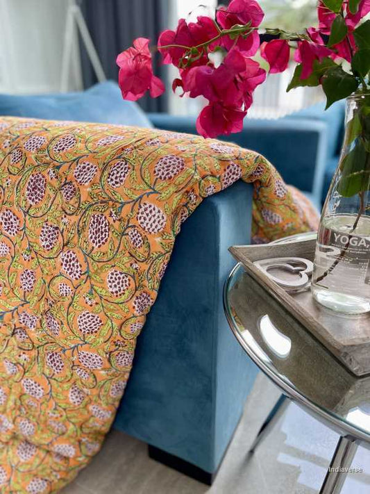 Handmade Jaipuri Double Quilt Blanket with Pomegranate Hand block printed in orange pure cotton