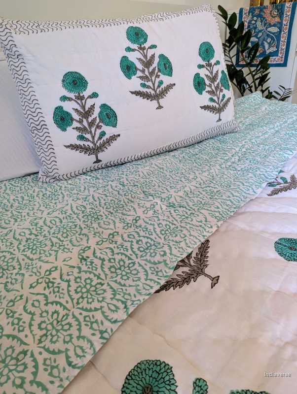 Handmade Double Quilt from Jaipur with flower design in turquoise color and two matching pillow cases hand block printed pure cotton perfect for queen or king size beds
