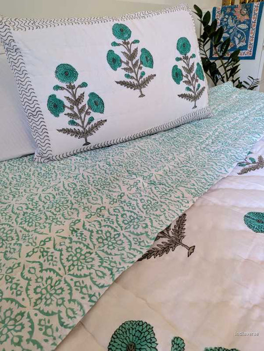 Handmade Double Quilt from Jaipur with flower design in turquoise color and two matching pillow cases hand block printed pure cotton perfect for queen or king size beds