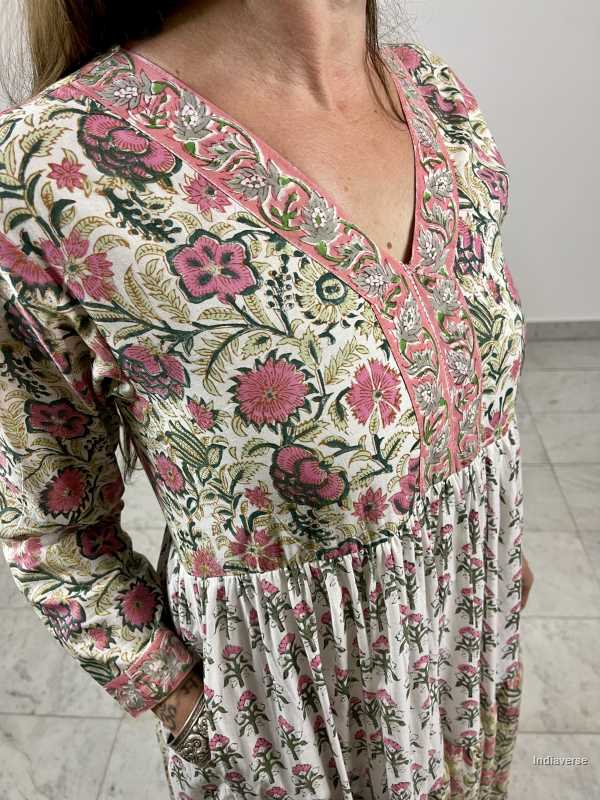 hand block printed maxi cotton dress with two complimenting floral designs and matching borders and with cotton underskirt