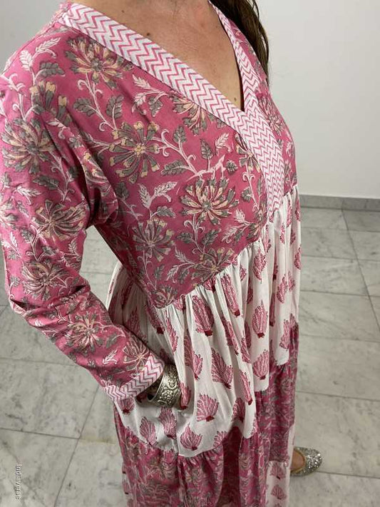 hand block printed layered cotton maxi dress with pink floral design and matching borders
