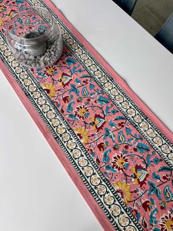 pink floral hand block printed table runner in cotton canvas